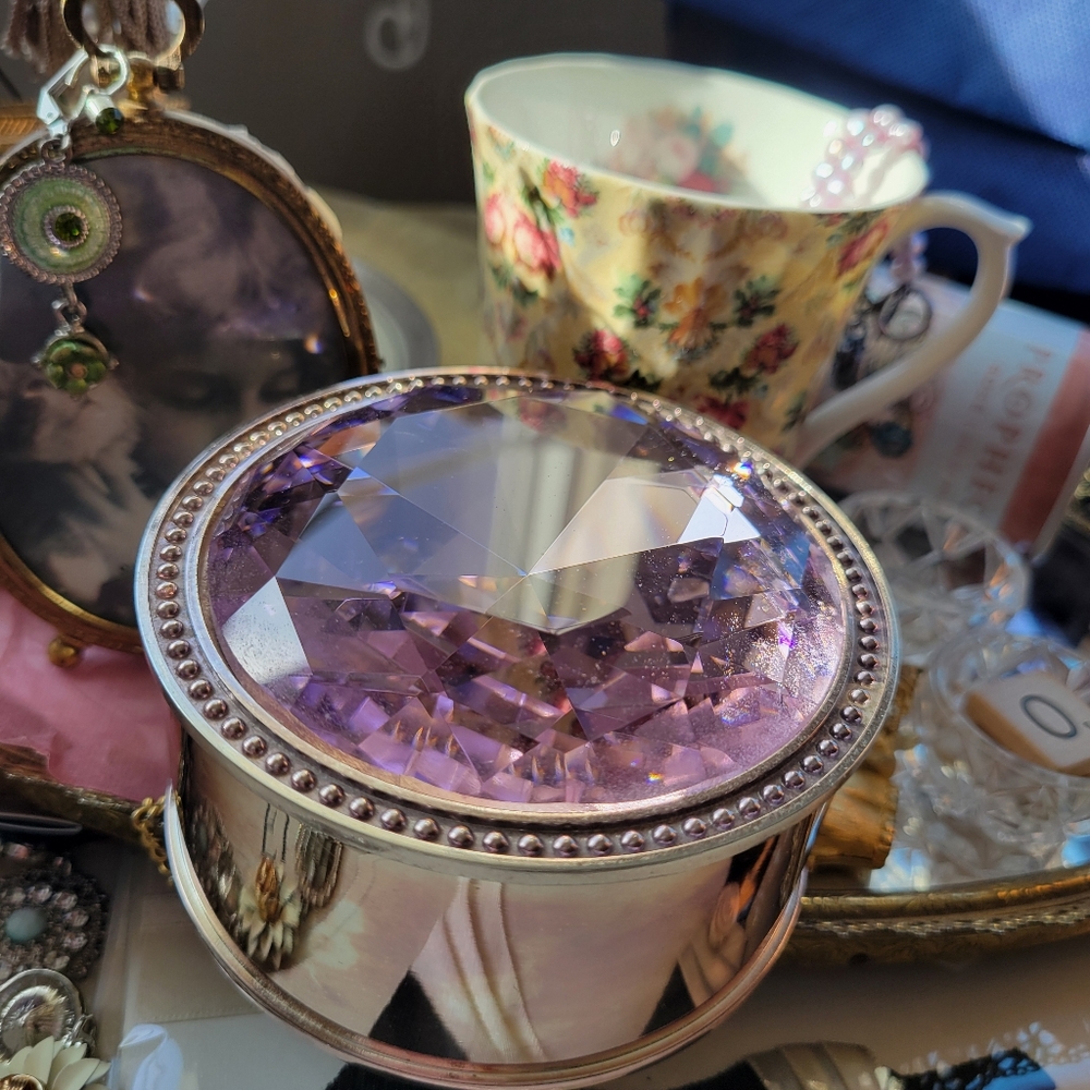 Pink Rhinestone Lidded Silver Safekeeper Jewelry Box  Pretty ~ GUC  Lori Greiner